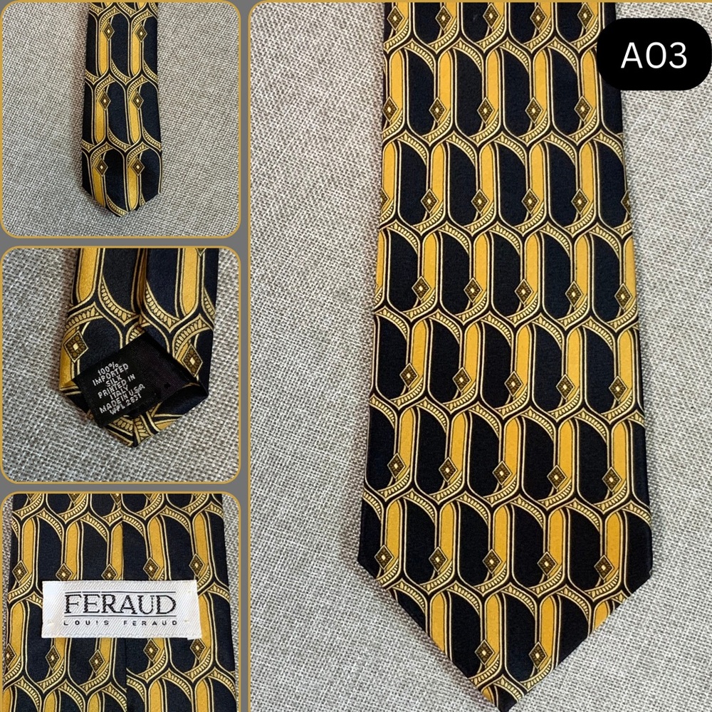 Louis Feraud Silk Tie Black Gold Geometric Pattern Made in Italy